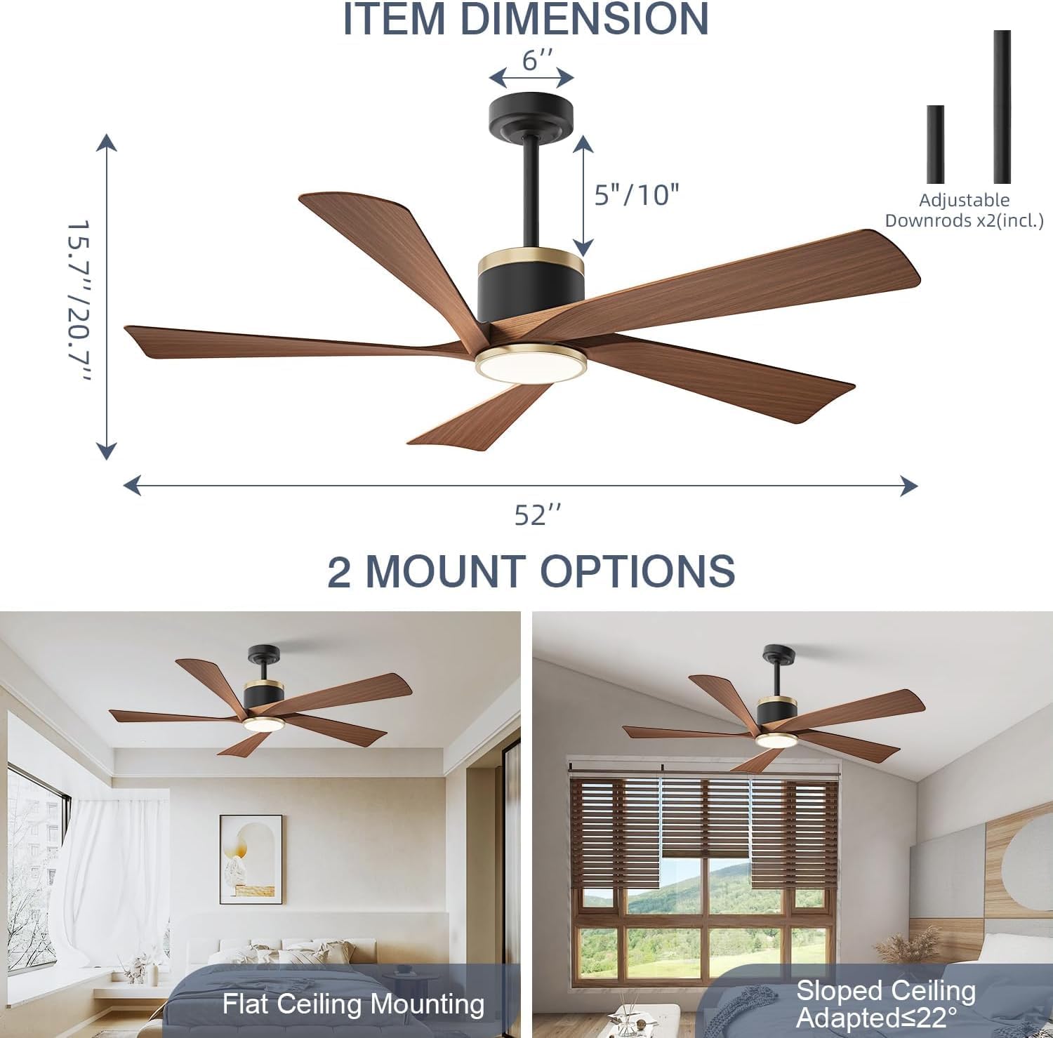 TXCSLY 52'' Ceiling Fans with Lights, Modern Ceiling Fan with Remote Control, Indoor Outdoor Ceiling Fan for Living Room,Bedroom 5 Blade 3 Color Tempearture (Walnut)