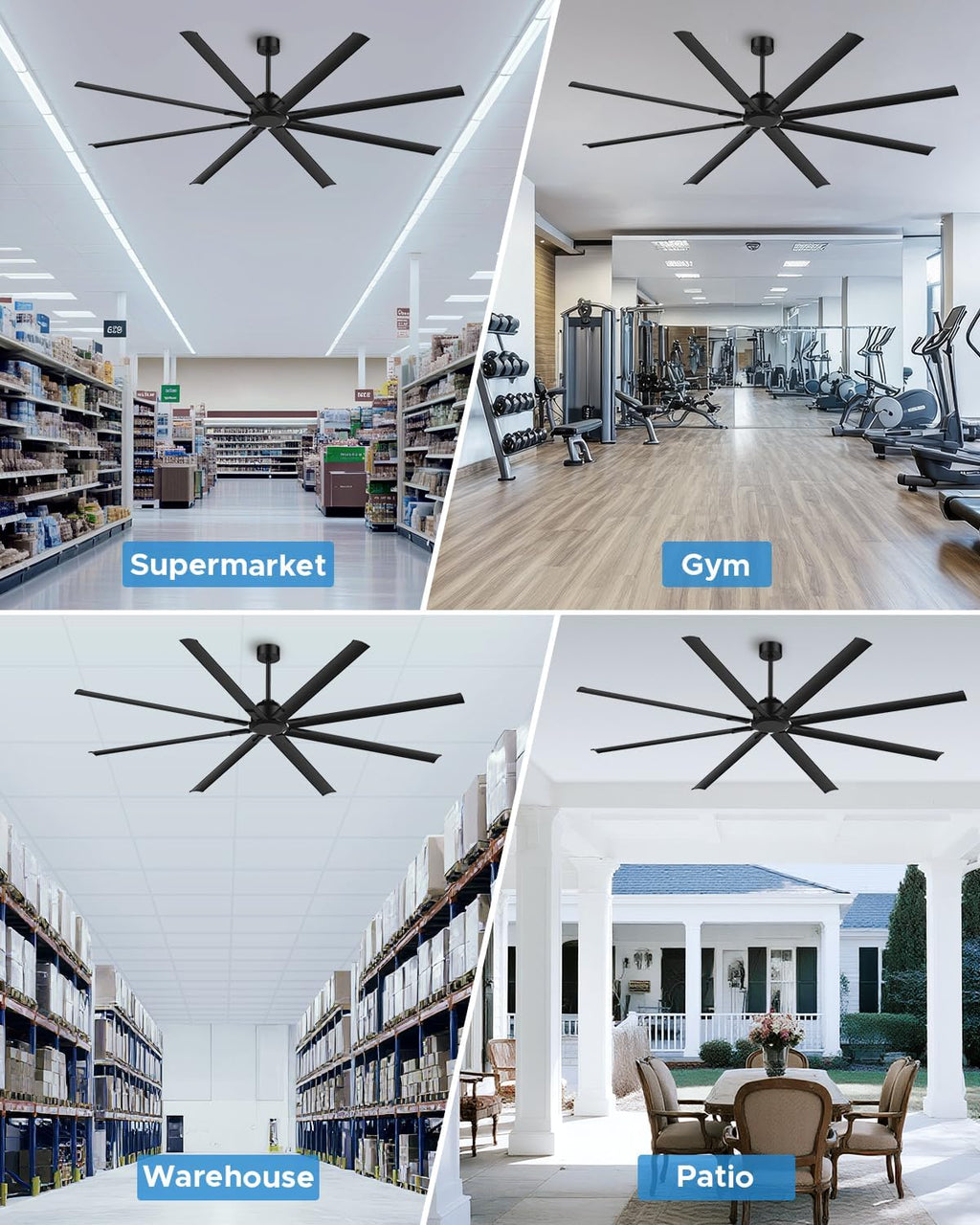 96 Inch Industrial Ceiling Fan, Large Commercial HVLS Shop Ceiling Fan for Garage Patio Gym, Big Assed Ceiling Fans with 8 Metal Blades, Quiet Reversible DC Motor, Remote Control, 6 Speeds(Black)