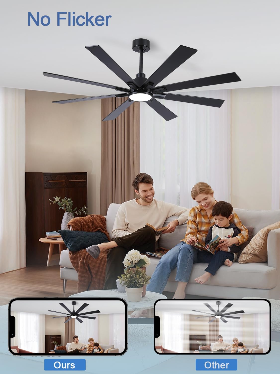 62 Inch Ceiling Fans with Lights and Remote, Pure Copper DC Motor Black Large Indoor/Outdoor Modern Industrial Ceiling Fan, Quiet, 6 Speed, 3CCT, for Patios Living Room Farmhouse Garage