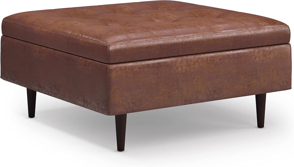 SIMPLIHOME Shay Coffee Table Storage Ottoman - 38 inch Wide Upholstered Vegan Leather Large Square Ottoman in Distressed Saddle Brown, Mid-Century Modern Tufted Ottoman for Living Room with Lift Top