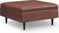 SIMPLIHOME Shay Coffee Table Storage Ottoman - 38 inch Wide Upholstered Vegan Leather Large Square Ottoman in Distressed Saddle Brown, Mid-Century Modern Tufted Ottoman for Living Room with Lift Top
