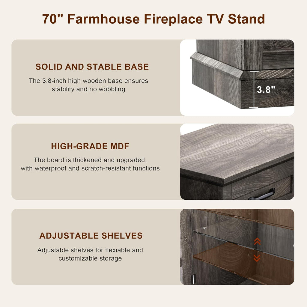 MXV 70' Fireplace TV Stand, 3-Sided Glass Fireplace and Modern Entertainment Center, Wooden Media Console with Glass Doors & Storage Drawers, LED Light, for Living Room, Grey