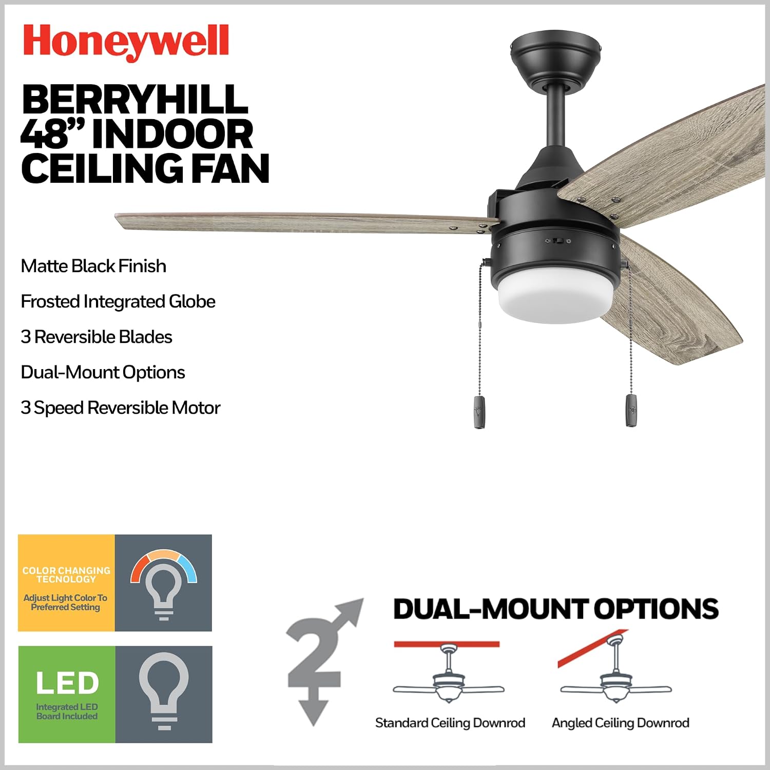 Honeywell Ceiling Fans Berryhill, 48 Inch Ceiling Fan with Color Changing LED Light, Pull Chain, Dual Mounting Options, 3 Dual Finish Blades, Reversible Airflow - 51858-01 (Matte Black)