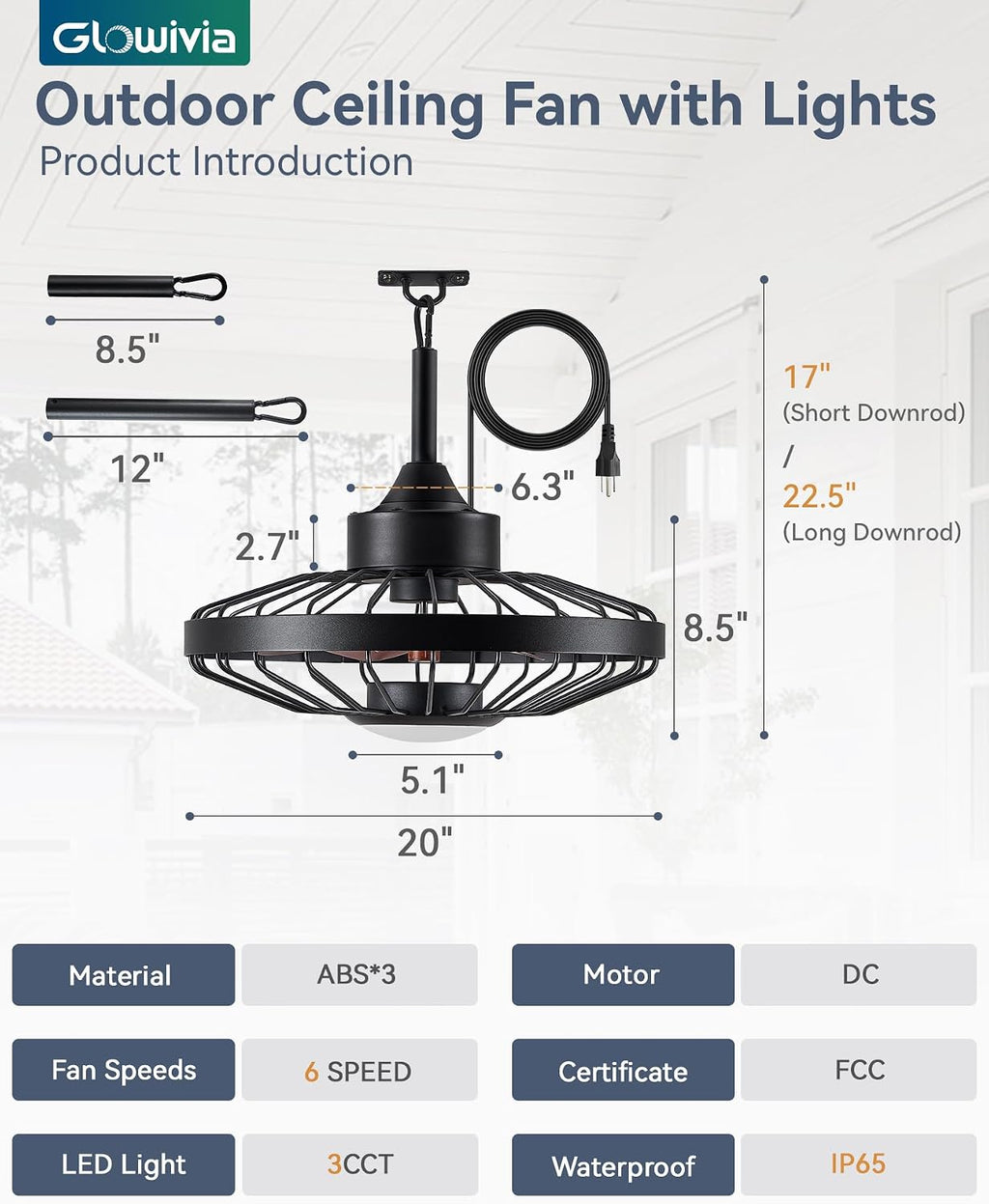 20 Inch Outdoor Ceiling Fan with Light and Remote - IP65 Waterproof, 3-Color LED (3000K-6000K), 16.5ft Cord, Hanging Hook - Black - for Patio, Gazebo, Porch