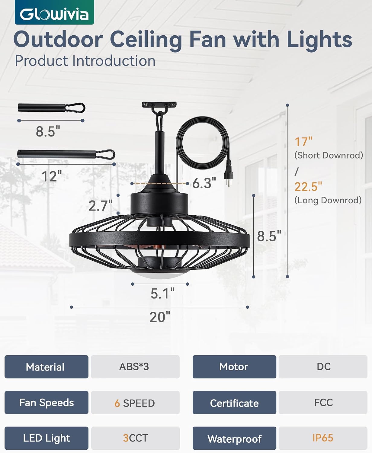 20 Inch Outdoor Ceiling Fan with Light and Remote - IP65 Waterproof, 3-Color LED (3000K-6000K), 16.5ft Cord, Hanging Hook - Black - for Patio, Gazebo, Porch