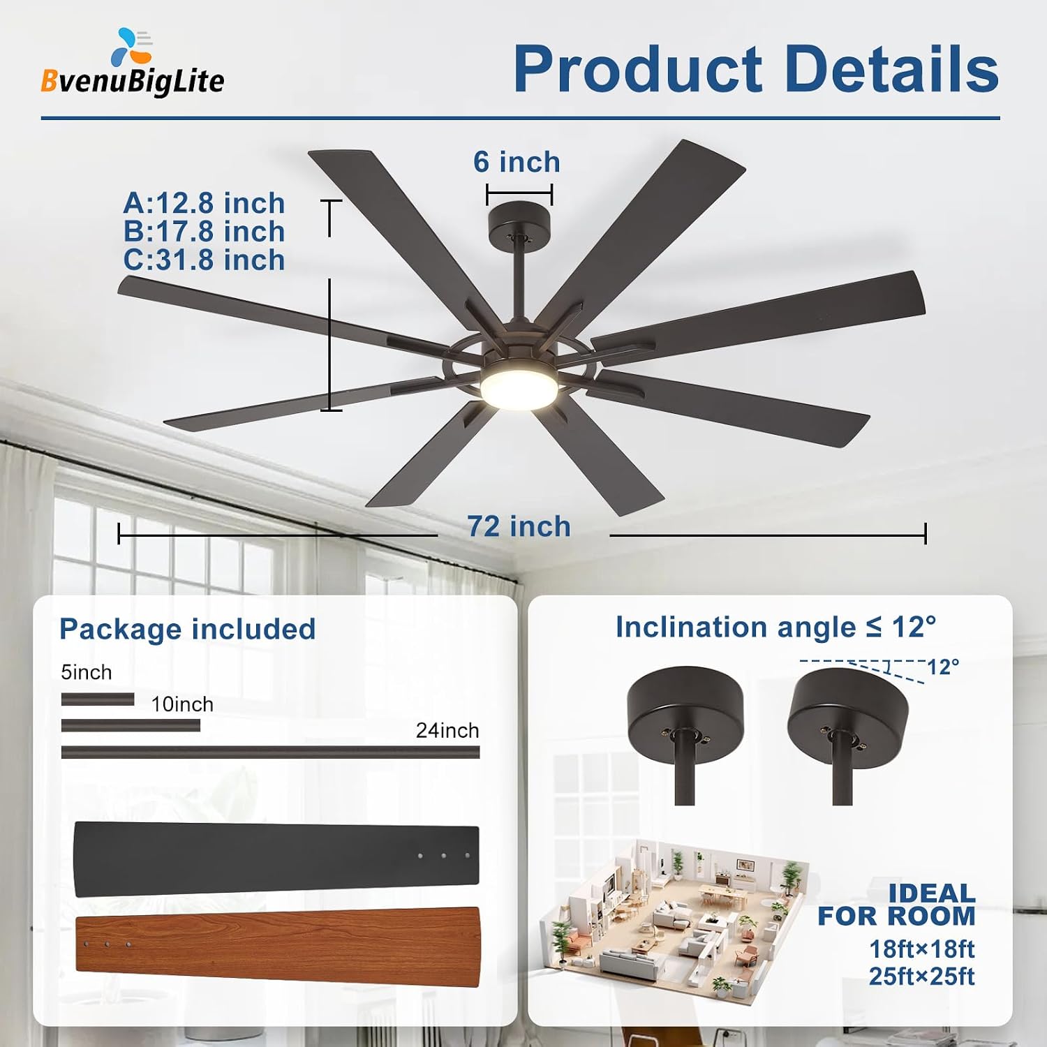 Large Ceiling Fans with Lights: Modern 72 Inch 8 Blade Outdoor Ceiling Fan with Remote APP Control - Dimmable Black Big Fan Light Indoor Reversible 6 Speed Quiet DC Motor
