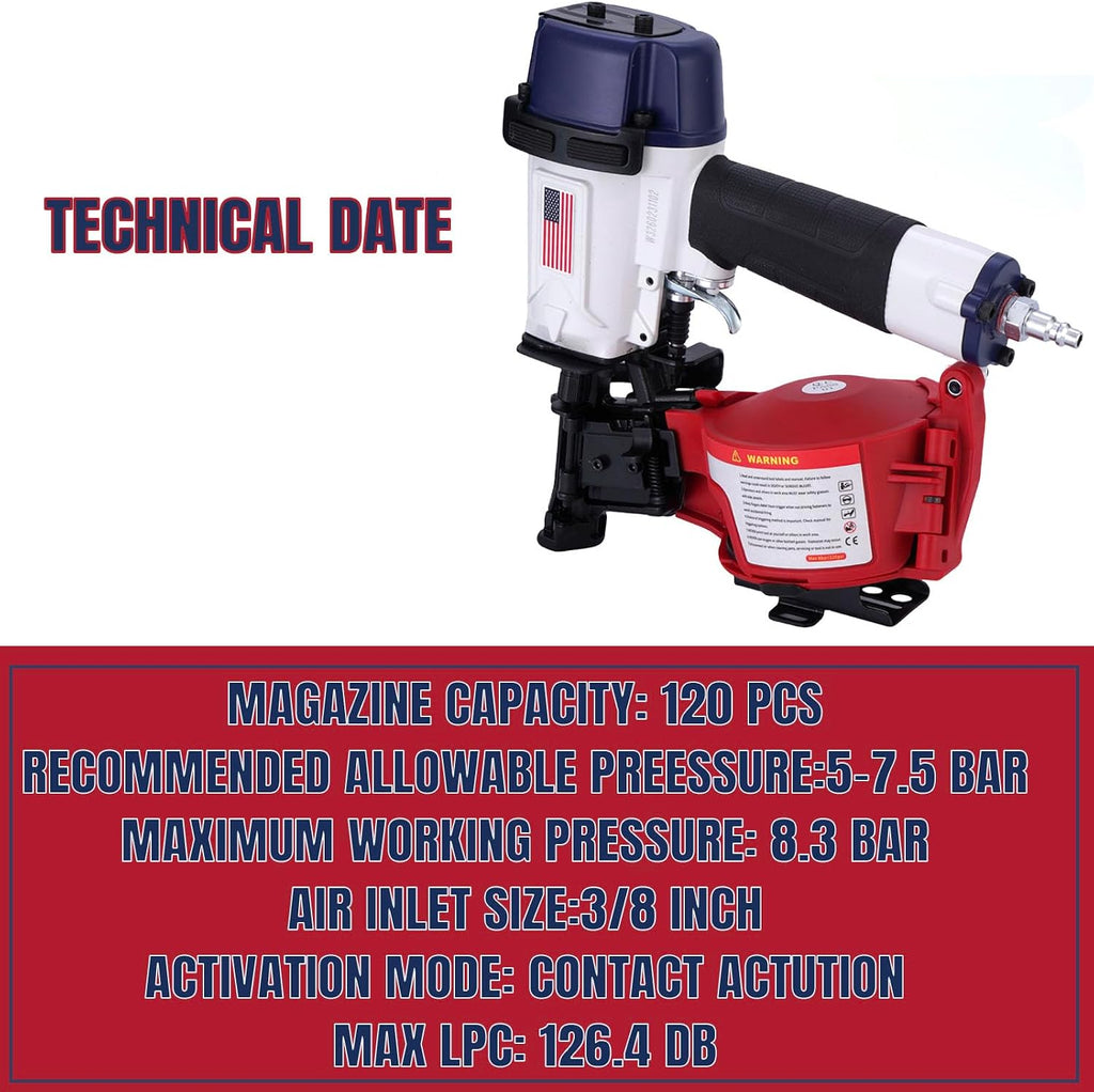 American Style CN45N Roofing Nailer, 15 Degree Roofing Nail Gun, 3/4-Inch to 1-3/4-Inch Coil Nails, 120-pcs Load Capacity Coil Nailer