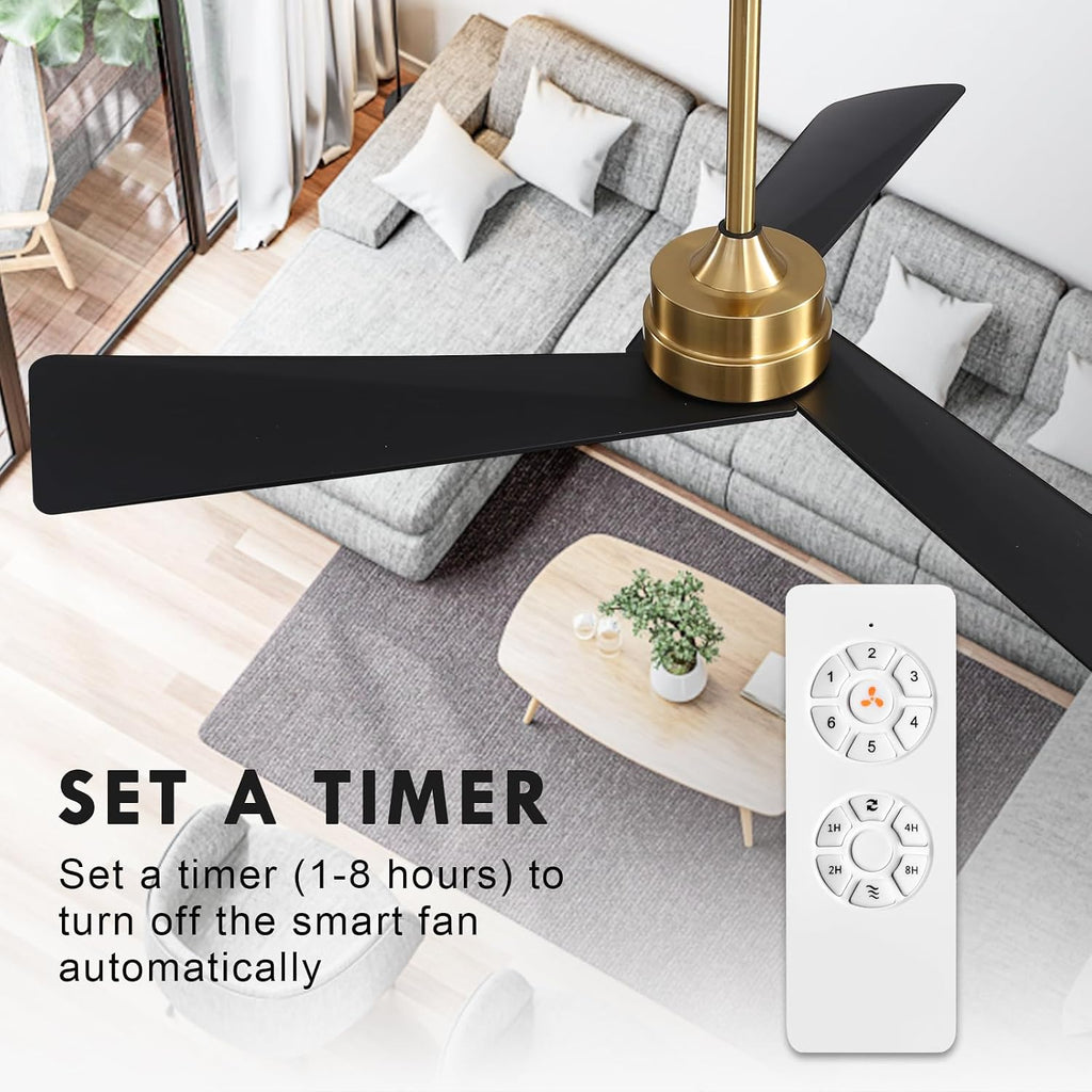 WINGBO 52' DC Ceiling Fan without Lights, Brass and Black Ceiling Fan with Remote, 3 ABS Plastic Blades, 6 Speed Reversible DC Motor, Ceiling Fans No Light for Kitchen Bedroom Living Room