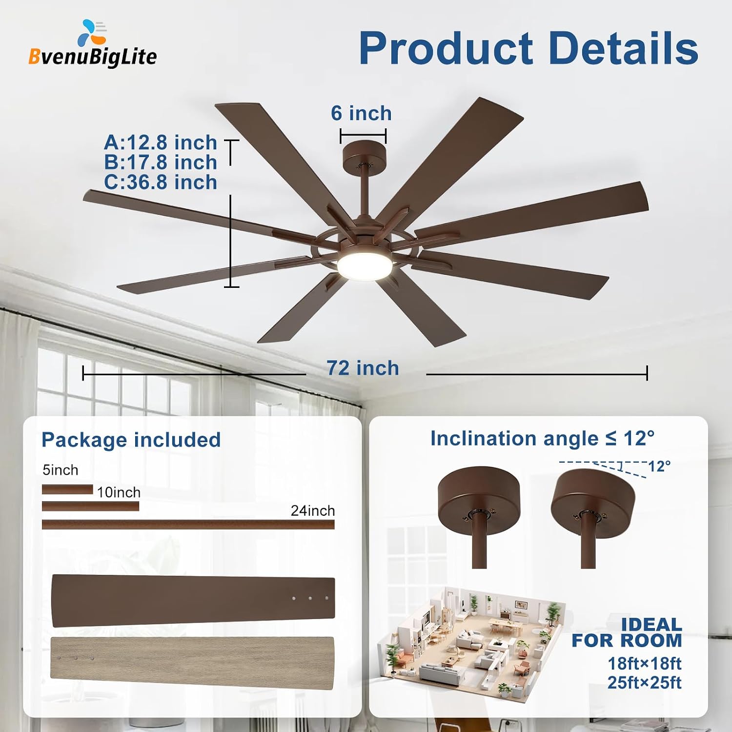 Large Ceiling Fans with Lights: Modern 72 Inch 8 Blade Outdoor Ceiling Fan with Remote APP Control - Dimmable Brown Big Fan light Indoor Reversible 6 Speed Quiet DC Motor