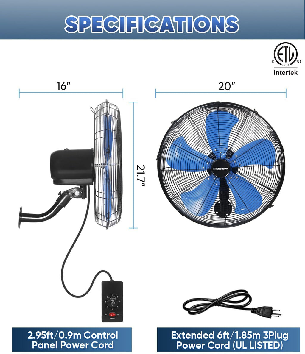KEN BROWN 18 Inch 3-Speed High Velocity Industrial Oscillating Fan, Wall Mount Fan with Max. 4200 CFM, Seperated Switch and 5 Blades, Heavy Duty Metal for Household/Patio/Workshop, Blue