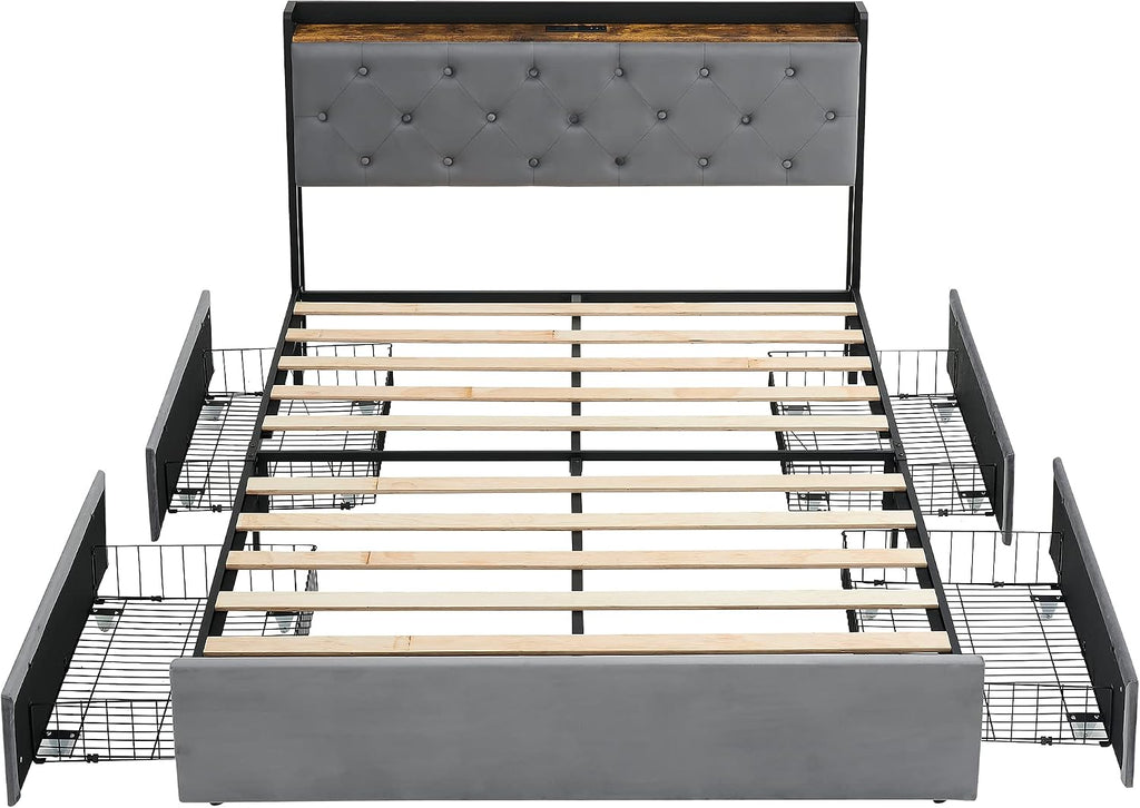Queen Size Platform Bed Frame with Storage - 4 Drawers & Charging Station, Velvet Upholstered Headboard with Shelf, Sturdy Metal Frame, No Box Spring Needed, Luxury Bedroom Furniture for Modern Homes