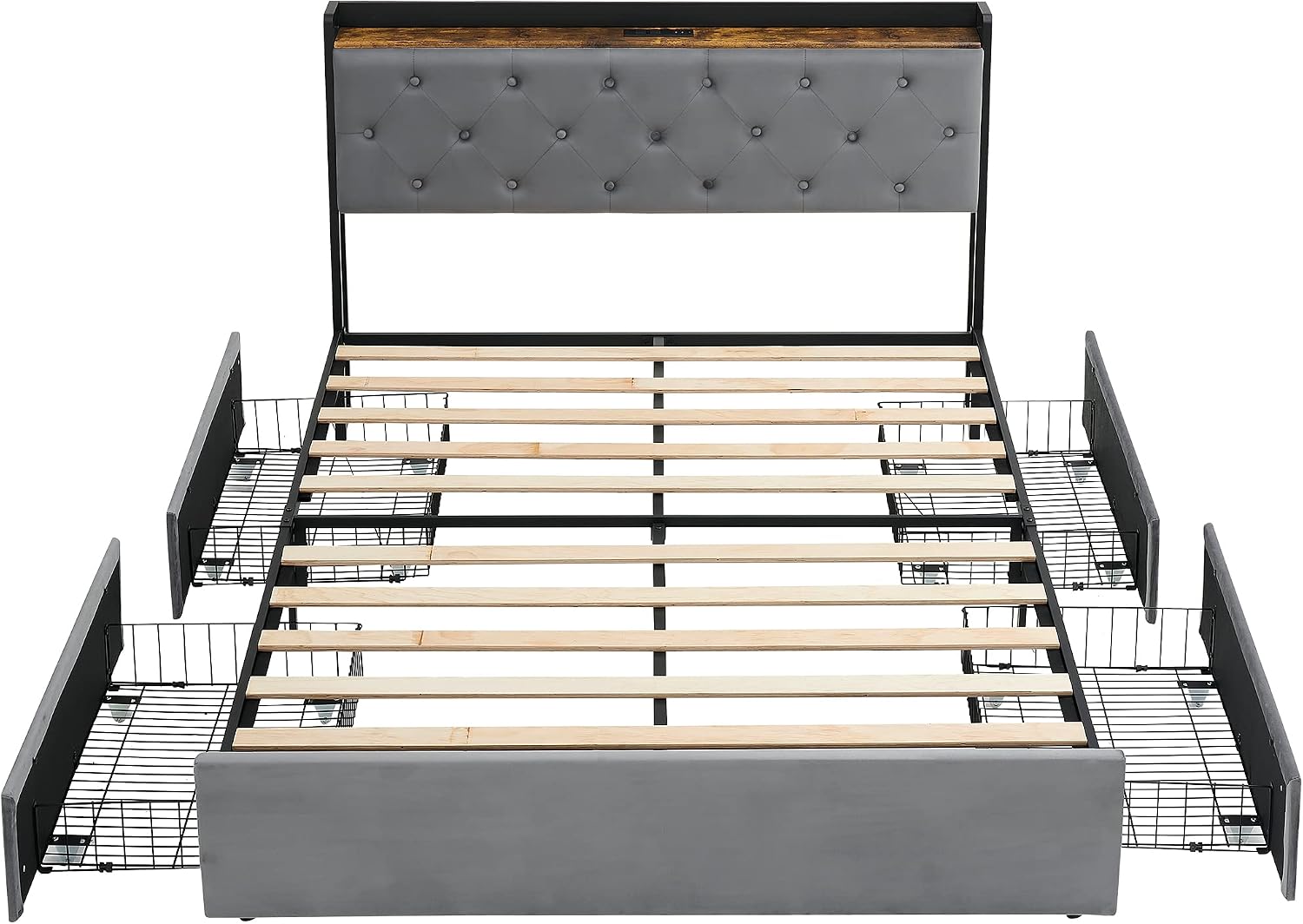 Queen Size Platform Bed Frame with Storage - 4 Drawers & Charging Station, Velvet Upholstered Headboard with Shelf, Sturdy Metal Frame, No Box Spring Needed, Luxury Bedroom Furniture for Modern Homes