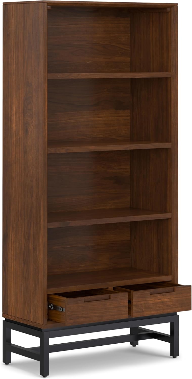 SIMPLIHOME Banting Desk and Bookcase Bundle - 72 inch Wide Solid Wood Desk with Drawers and 30 inch Wide 4-Shelf Bookcase in Walnut, Modern Industrial Home Office Furniture (Set of 2)