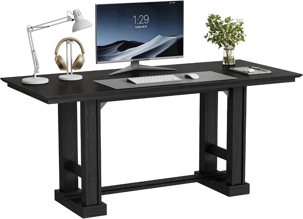 DWVO 70 Inch Computer Desk, Large Executive Office Table Workstation, Modern Farmhouse Style Laptop Wooden Sturdy Legs Writing Desk Business Furniture for Home, Black