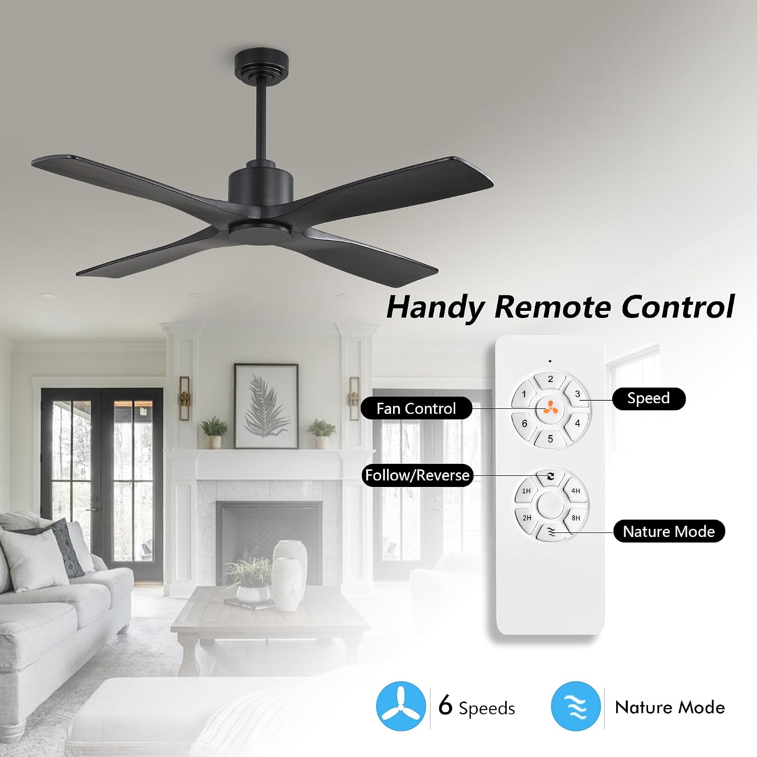 WINGBO 48' DC Ceiling Fan without Lights, 4 Carved Solid Wood Blades, 6-Speed Noiseless Reversible DC Motor, Modern Ceiling Fan No Light with Remote, Matte Black Finish with Black Blades, ETL Listed
