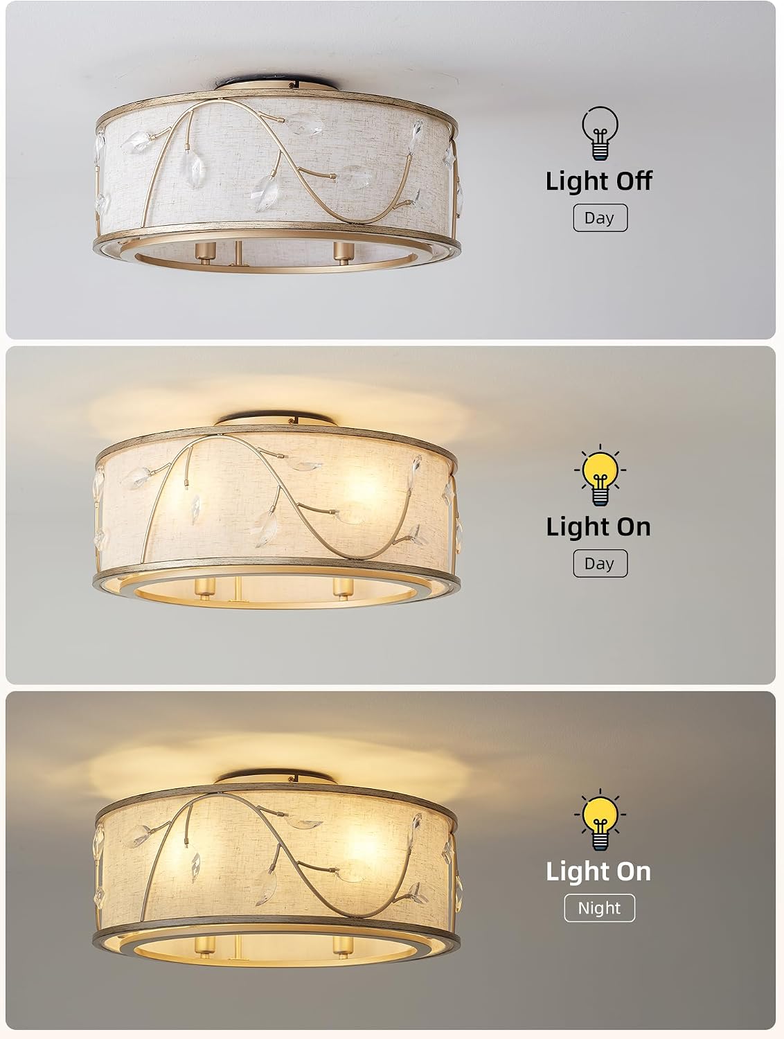 Gold Flush Mount Crystal Ceiling Fan with Lights, 20' Caged Retro Ceiling Fans Remote Control, Bladeless 6 Speeds for Living Room, Bedroom, Nursery (Including 6 E12 Bulb)