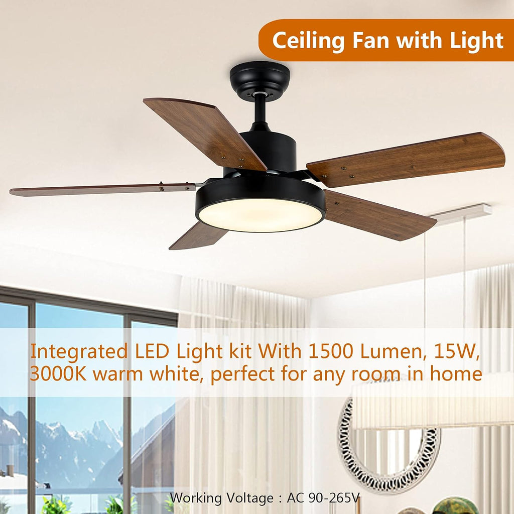 Simple Deluxe 44' Ceiling Fans with Lights and Remote, Outdoor Ceiling Fans for Patios with Light, Easy to Install Ceiling Fan with Reversible Motor and Wooden Blade for All Seasons