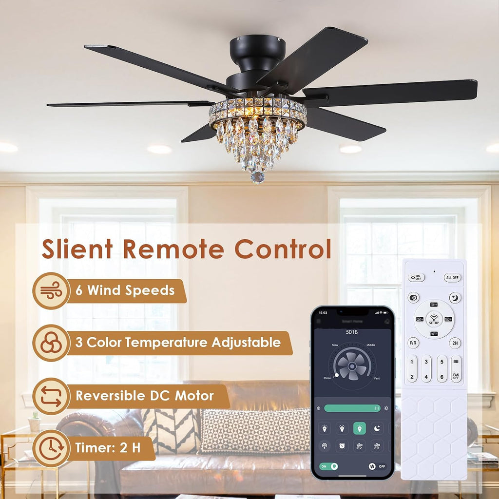 Asyko Chandelier Ceiling Fan -52' Crystal Ceiling Fan- Fandelier Fan Light Black with Remote, Silent Reversible Motor, Dual-Sided 6 Blades, 3 Speed, Timer, Indoor Fan Ceiling
