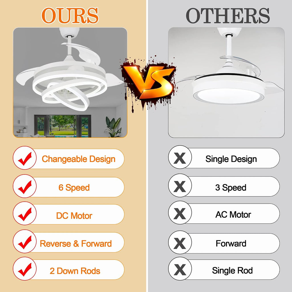 White 42' Retractable Fandelier Ceiling Fan with Lights Remote - Silent Dimmable Modern 6 Speed LED Chandelier Fan for Bedroom Living Room Kitchen