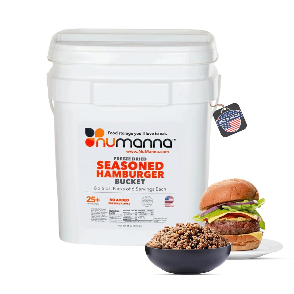 Numanna Freeze-Dried Seasoned Ground Beef Bucket 36 Servings | Over 25g Protein per Serving | Hamburger for Camping, Meal Prep, Pantry Staple, Emergency Survival | 25+ Year Shelf Life | Made in USA