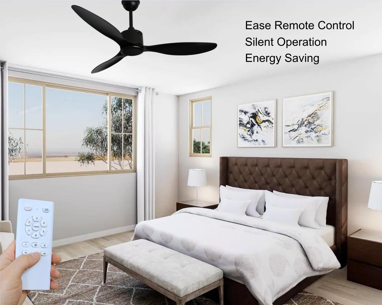 52-inch Ceiling Fan No Lights Remote Control, Low Profile 3 Blades, Energy Efficient Reversible DC Motor, Black