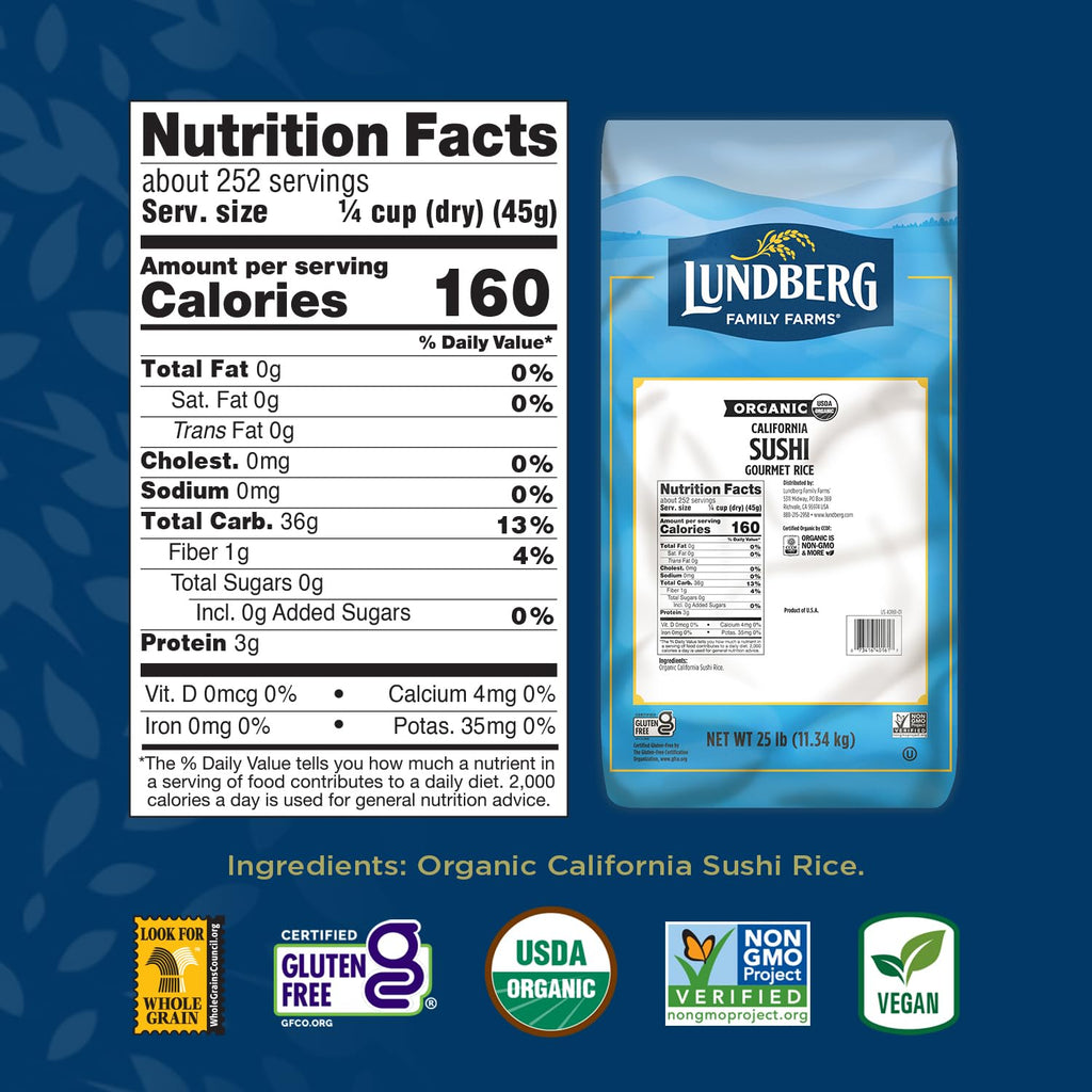 Lundberg Organic Sushi Rice, Bulk, Sticky White Japanese-Style Short Grains, Responsibly Grown in California, 25 Lbs