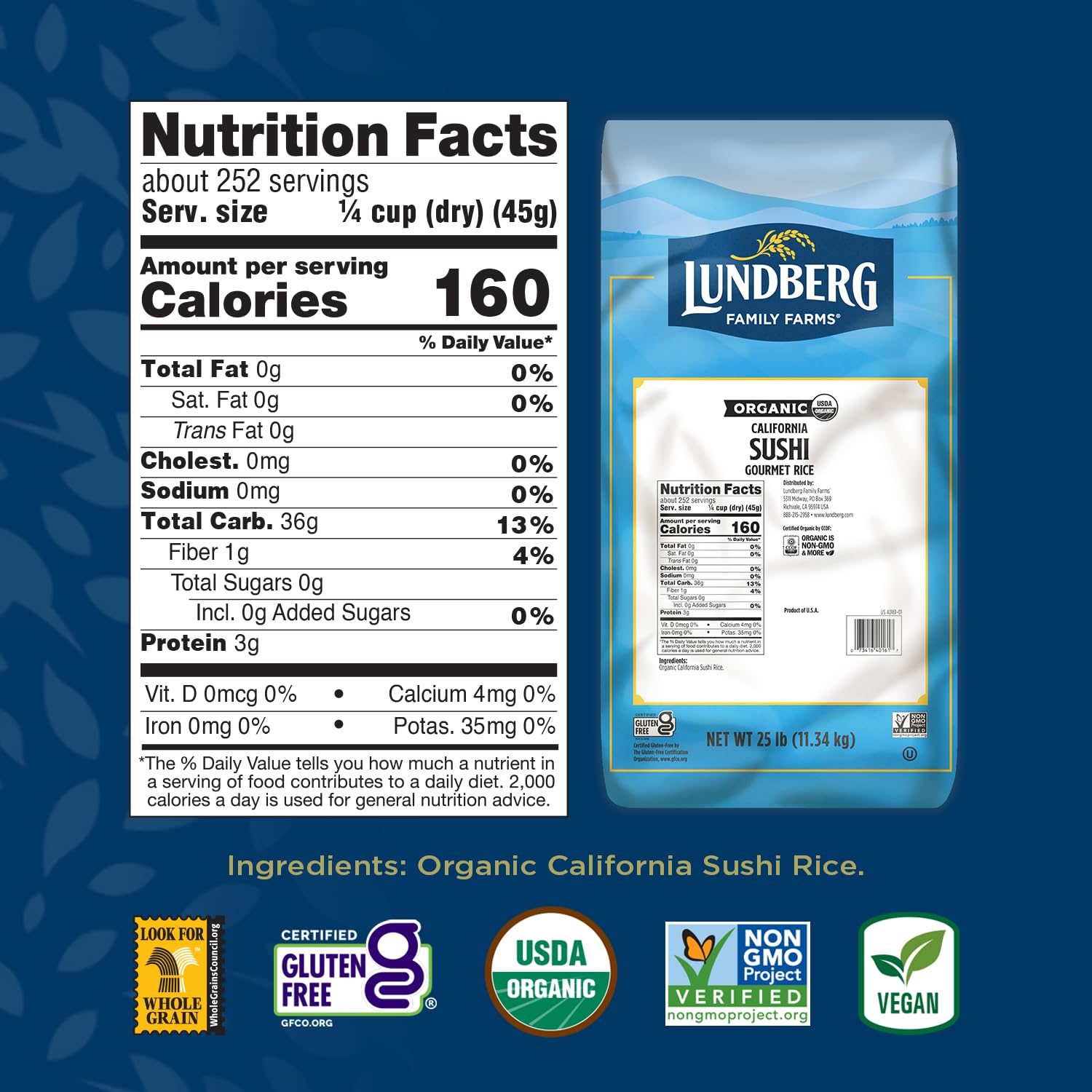 Lundberg Organic Sushi Rice, Bulk, Sticky White Japanese-Style Short Grains, Responsibly Grown in California, 25 Lbs
