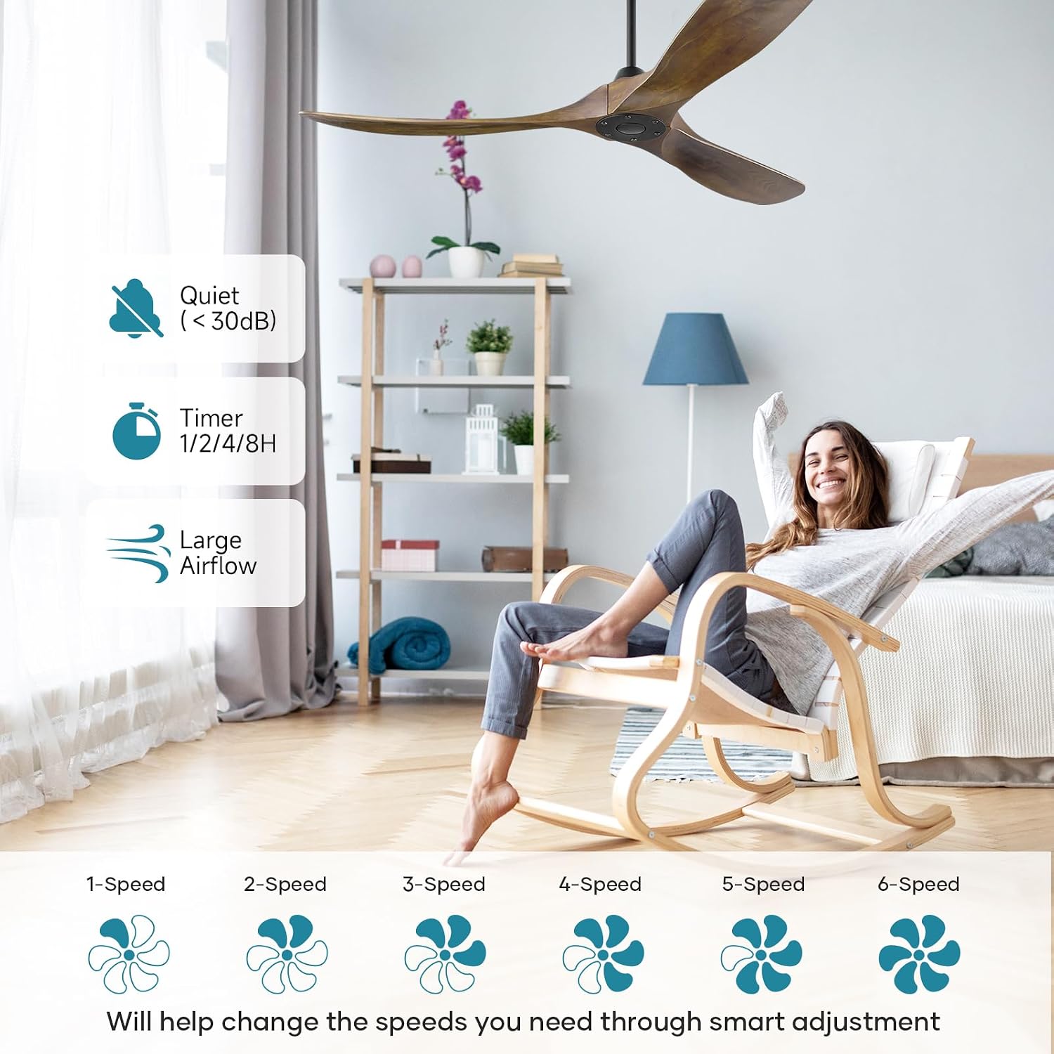 60 Inch Outdoor Ceiling Fan Without Light, 3 Blade Farmhouse Ceiling Fans with Quiet Reversible DC Motor, Wood Propeller Ceiling Fan for Living Room Bedroom Porch Exterior Patio Porch