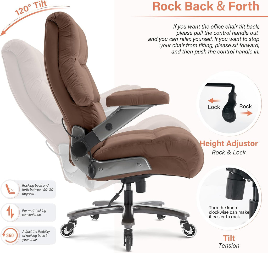 Big and Tall Office Chair 700lbs- Fabric Executive Desk Chair with Adjustable Lumbar Support 3D Flip UP Arms- Heavy Duty Quiet Wheels Metal Base Ultra-Soft Upholstered Ergonomic Computer Chairs, Brown
