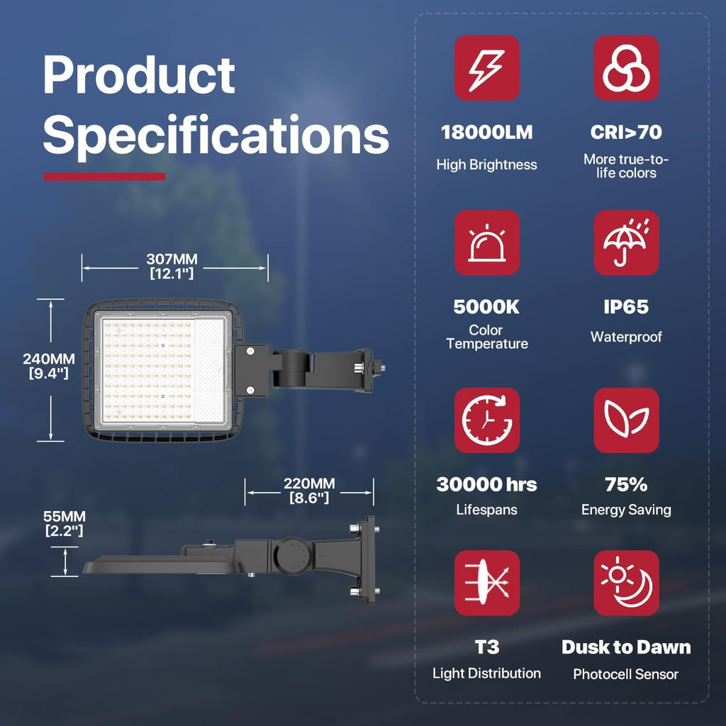Kifflux Led Parking Lot Light Outdoor Wall Mount 2Pack 150W Parking Lot Lights Commercial 120V 5000K Street Area Lighting 120V LED Shoebox Lights with Dusk to Dawn for Yard,Garage, Roadways