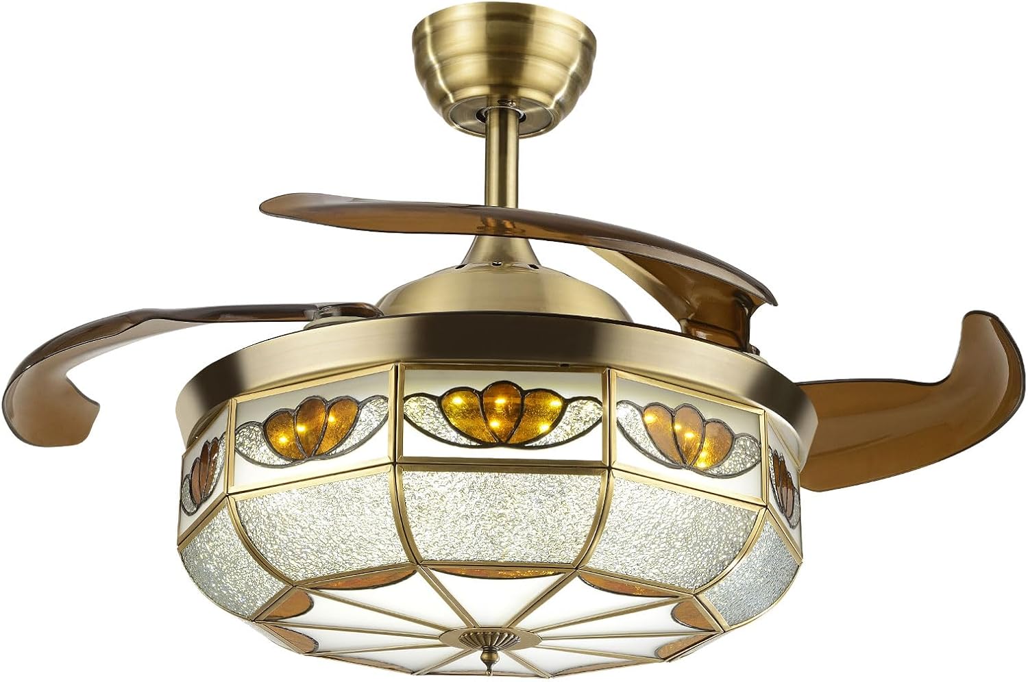 36' Vintage Retractable Ceiling Fan Light, Chandelier Fan with controller 3-Color Lighting 6-Speed Copper Glass Lampshade & Reverse Function for Bedroom Living Room (Bronze)
