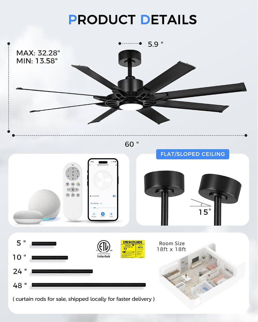 60 Inch Ceiling Fan with Light, Black Indoor Outdoor Ceiling Fan with 8 Aluminium Metal Blades, Smart Fan with Alexa, Modern Quiet Fan for Patio, Garage, Living Room, ZCCF05ABK-60