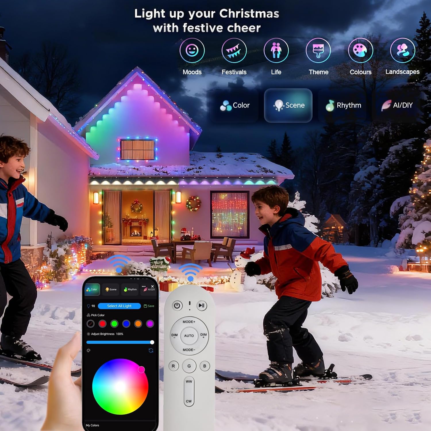 rosykite Permanent Outdoor Christmas Lights for House,100ft Smart RGB+IC Color Eave Lights,Tunable Warm to Cool White 60lm for Daily Lighting,IP67 Waterproof, Alexa Google APP Remote Control