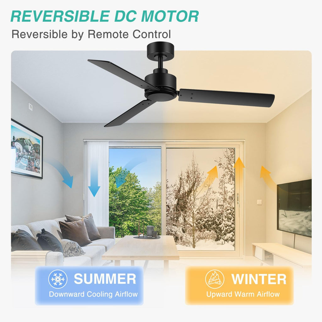 2 Pack 48 inch Ceiling Fans without Light, Black Ceiling Fan No Light with Quiet Reversible DC Motor, 6 Speeds, 3 Blades, Modern Ceiling Fans for Patio Living Room Bedroom Indoor