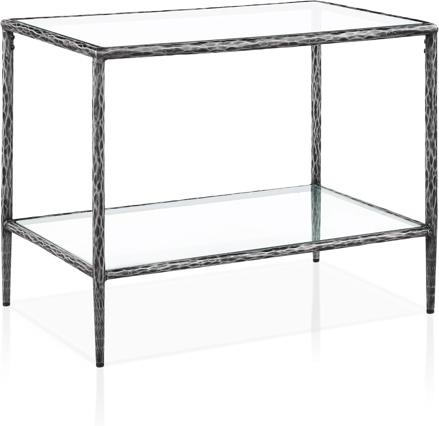 24/7 Shop at Home Lalia Hammered Metal 2-Piece Bedroom Collection, Upholstered Bed Frame with Beige Fabric Headboard, Forged Steel and 1-Shelf Nightstand, Foundation Required, Queen, Matte Grey