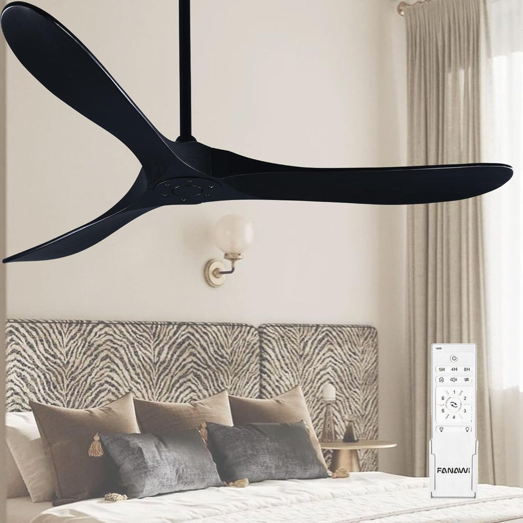 Black Ceiling Fans without Lights, 70'' Modern Solid Wood Ceiling Fan with Remote, Quiet DC Motor, Flush Mount Low Profile Indoor or Covered Patio Ceiling Fan for Bedroom Living Room