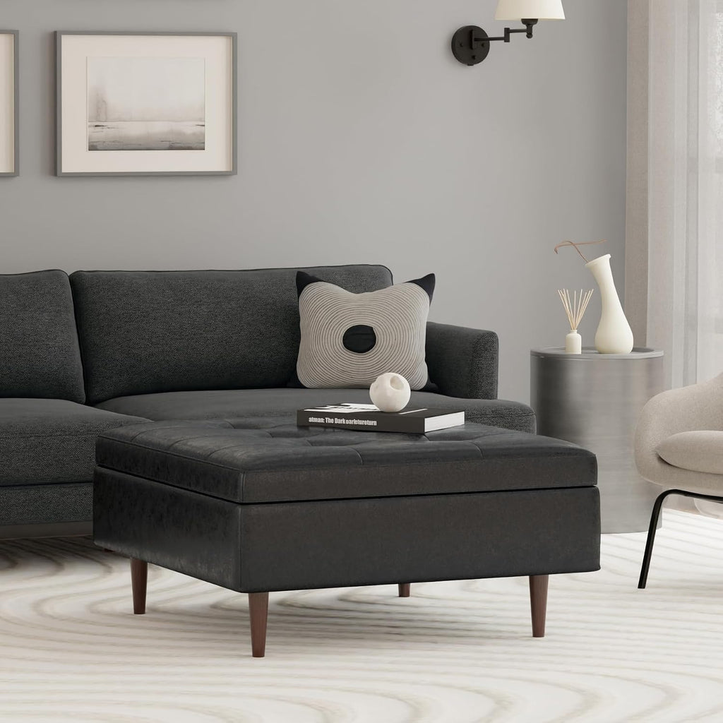 SIMPLIHOME Shay 38 inch Wide Mid Century Modern Large Square Coffee Table Storage Ottoman in Distressed Black Vegan Faux Leather, Assembled, for the Living Room and Entryway