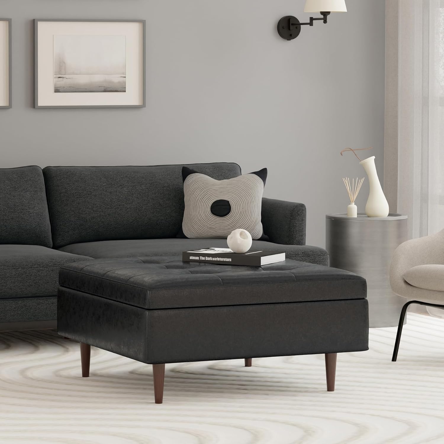 SIMPLIHOME Shay 38 inch Wide Mid Century Modern Large Square Coffee Table Storage Ottoman in Distressed Black Vegan Faux Leather, Assembled, for the Living Room and Entryway