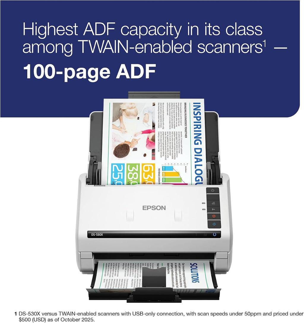Epson DS-530X Color Duplex Desktop Document Scanner, up to 45 ppm, USB Connectivity, 100-Page Auto Document Feeder (ADF), Twain and ISIS Drivers