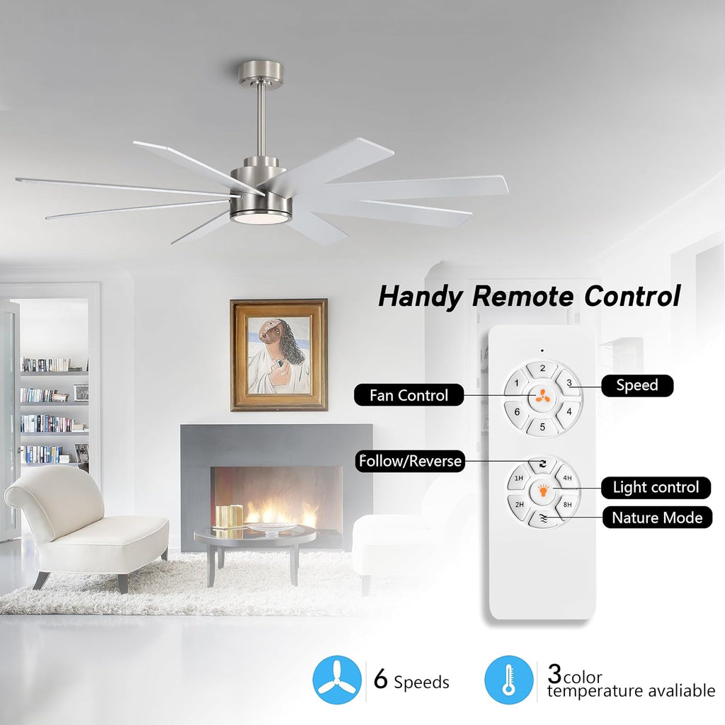WINGBO 60' Large DC Ceiling Fans with Lights and Remote, 3 Downrods, 8 Plywood Blades, 6-Speeds Reversible DC Motor, 3CCT, Indoor Ceiling Fan for Bedroom Living Room Patio, Brushed Nickel and Silver
