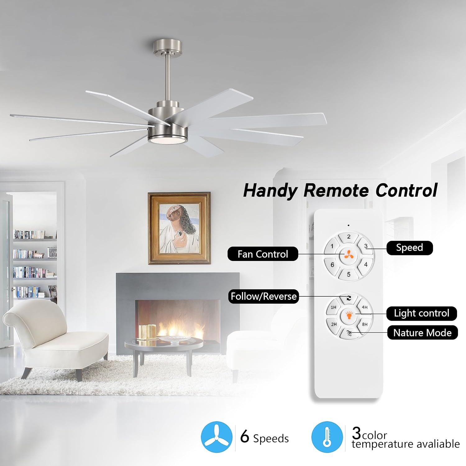 WINGBO 60' Large DC Ceiling Fans with Lights and Remote, 3 Downrods, 8 Plywood Blades, 6-Speeds Reversible DC Motor, 3CCT, Indoor Ceiling Fan for Bedroom Living Room Patio, Brushed Nickel and Silver