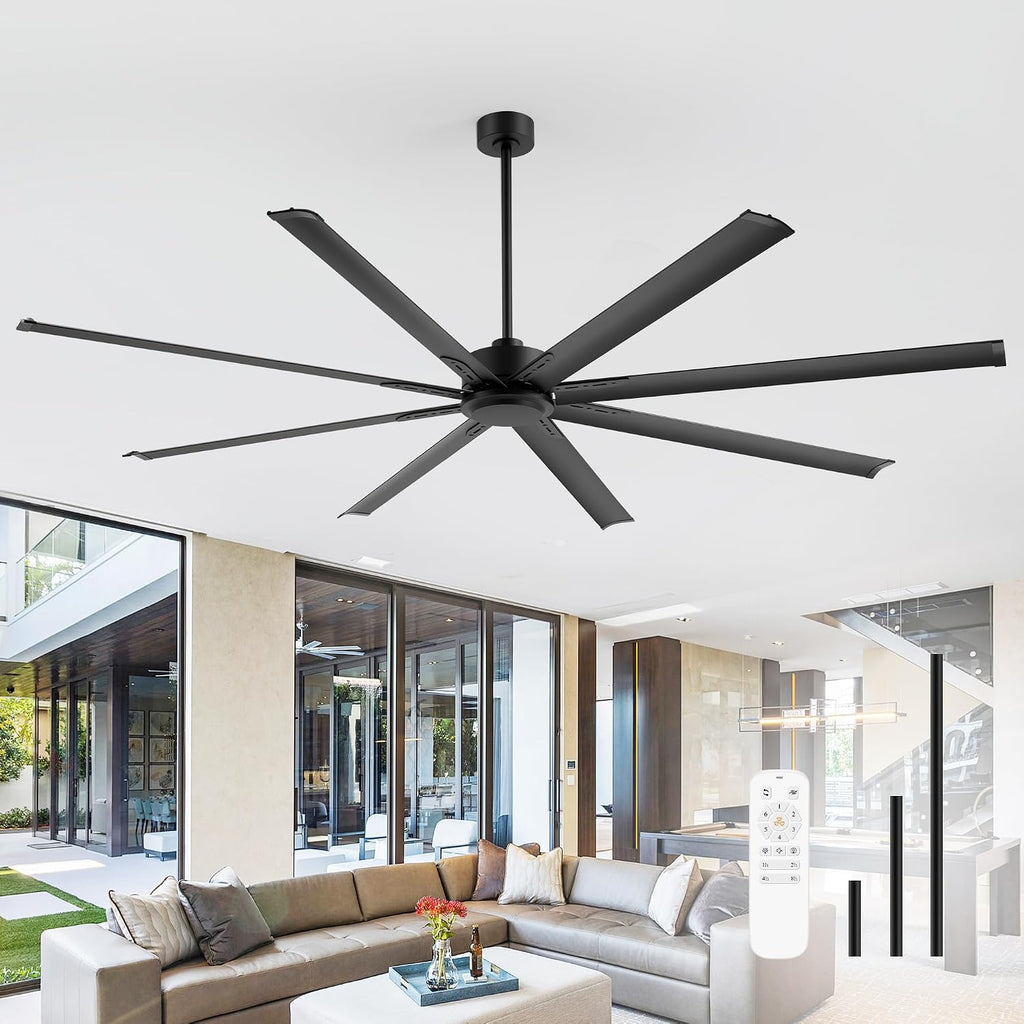 84' Industrial Large Ceiling Fan No Light Remote Control, 8 Aluminum Blades, 6-Speed Reversible DC Motor, 3 Downrods, Commercial Ceiling Fans Without Light for Warehouse Porch Garage Shop Gym, Black