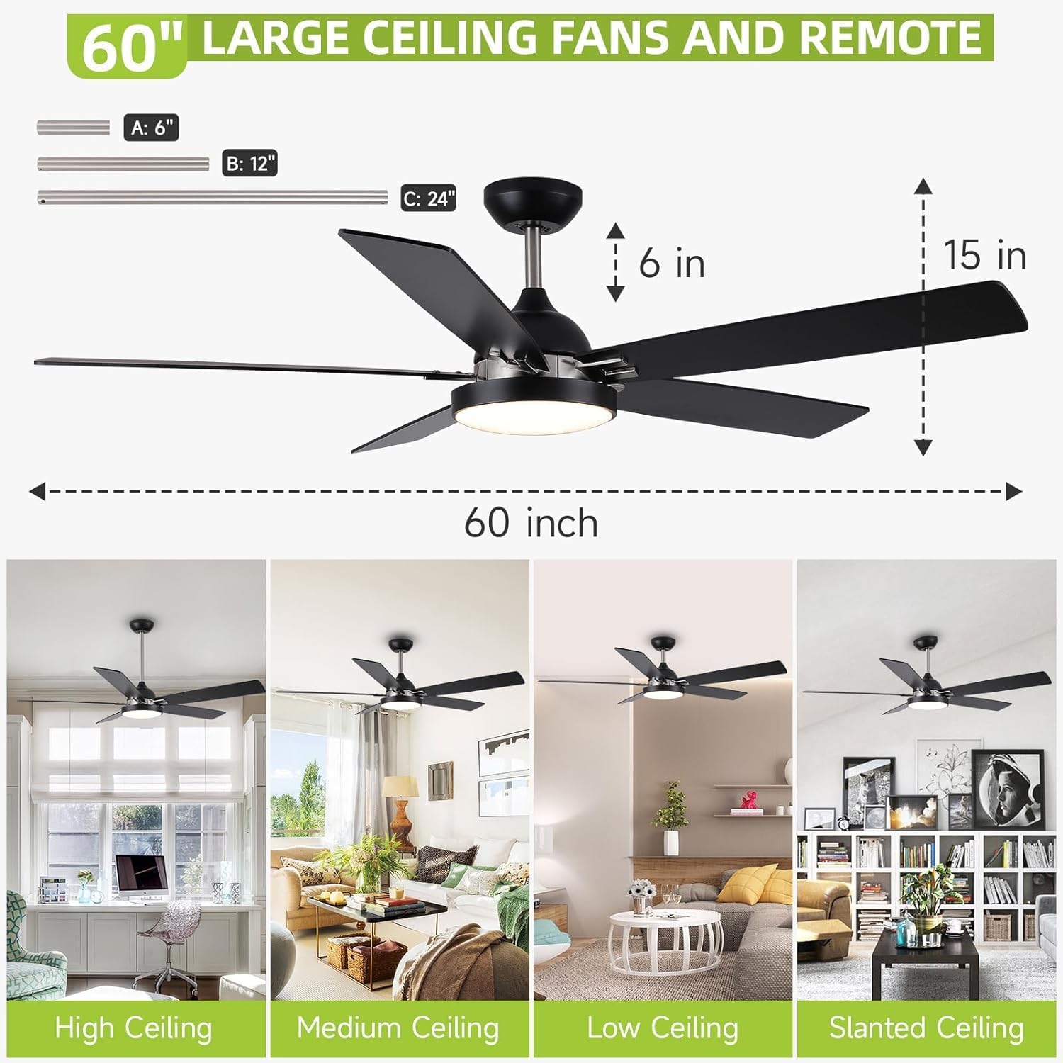 60 inch Outdoor Ceiling Fans for Patios with Light, Modern Black Ceiling Fan with Light and Remote, Quiet Reversible DC Motor, Damp Rated Large Airflow Ceiling Fan for Exterior House Porch Gazebo