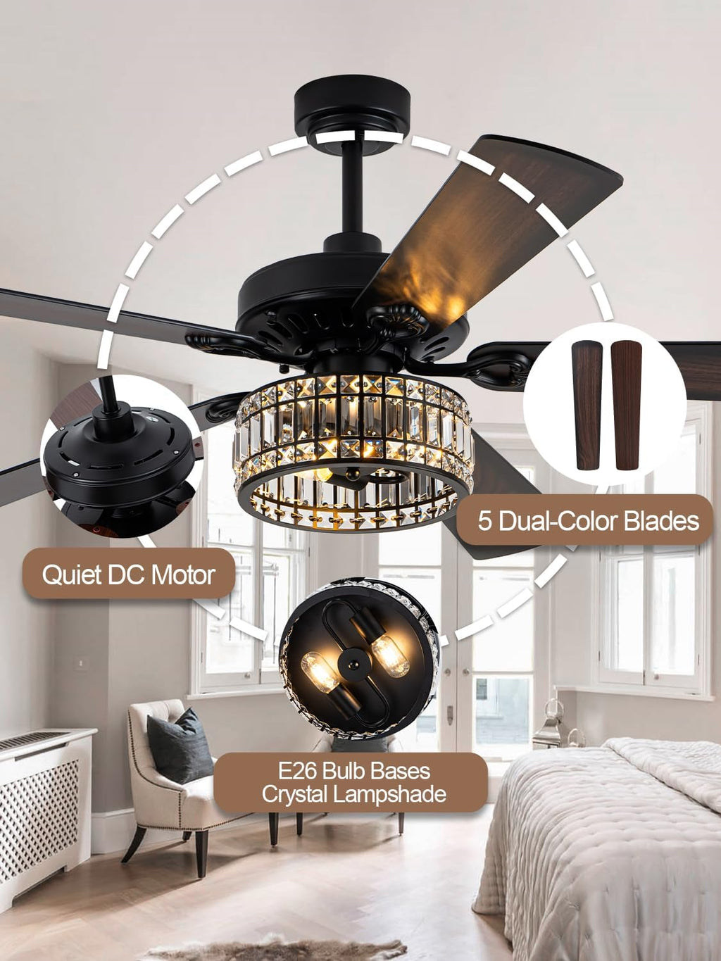 60 Inch Crystal Ceiling Fan with Lights Remote Large Chandelier Ceiling Fan Crystal Caged Fandelier, Indoor Outdoor 5 Dual Blades Reversible Quiet DC Motor 6 Speeds for Living Room Patio