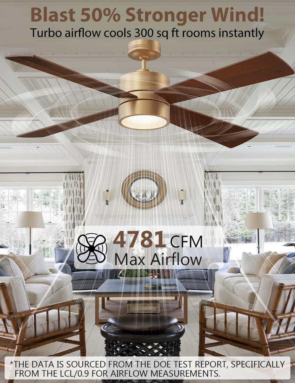 52' Outdoor Ceiling Fan with Lights and Remote – Luxury Gold Finish, Waterproof DC Motor, Reversible, Dimmable LED, Smart APP Control for Patios, Gazebo, and Indoor Spaces