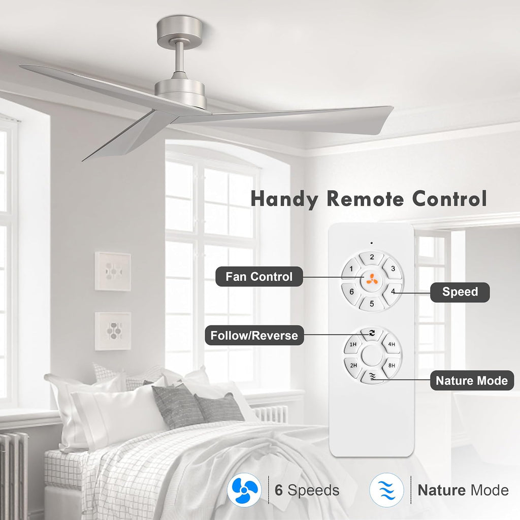 WINGBO 52' DC Ceiling Fan without Lights, Bruhsed Nickel Ceiling Fan with Remote, 3 ABS Plastic Blades, 6 Speed Reversible DC Motor, Ceiling Fans No Light for Kitchen Bedroom Living Room