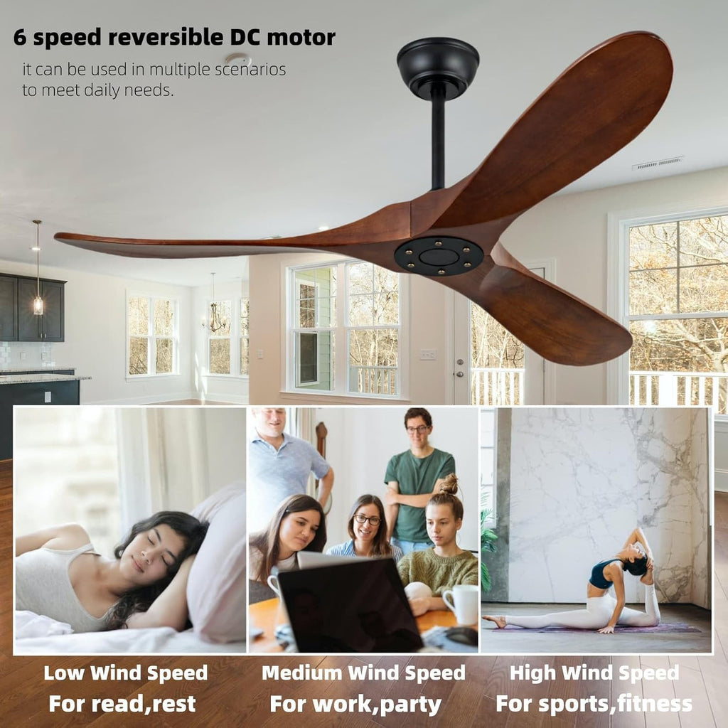 60 inch modern style ceiling fan with remote control, unlit outdoor large ceiling fan, silent dc motor for large living room, dining room, porch, farmhouse(Dark Walnut, 60 inch)
