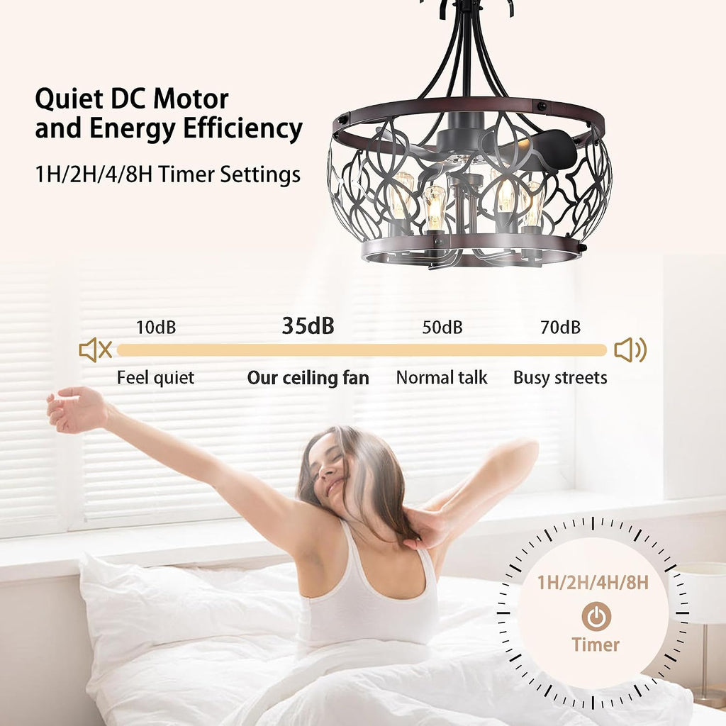Garwarm 21 inch Ceiling Fans with Lights,Black Industrial Caged Flush Mount Ceiling Fans with Remote,Rustic Chandelier Ceiling Fan for Dining Room Bedroon Kitchen, 6 Speed Timing