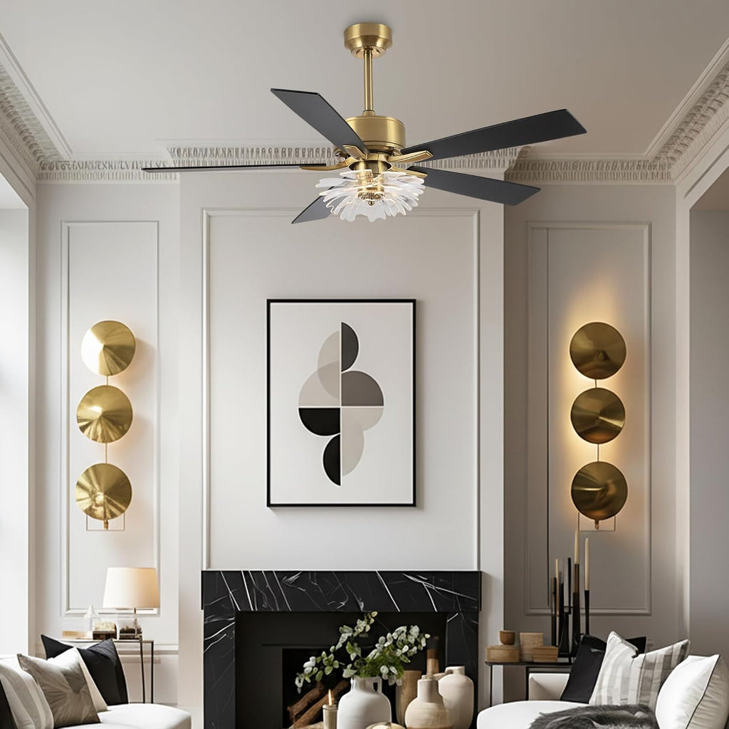 52 Inch Gold Ceiling Fans with Lights, Modern Black & Gold Ceiling Fan with Remote for Bedroom Living Room, PS Petal Chandelier Fan, 3CCT Dimmable, 6 Speeds, Quiet DC Motor Indoor Ceiling Fan