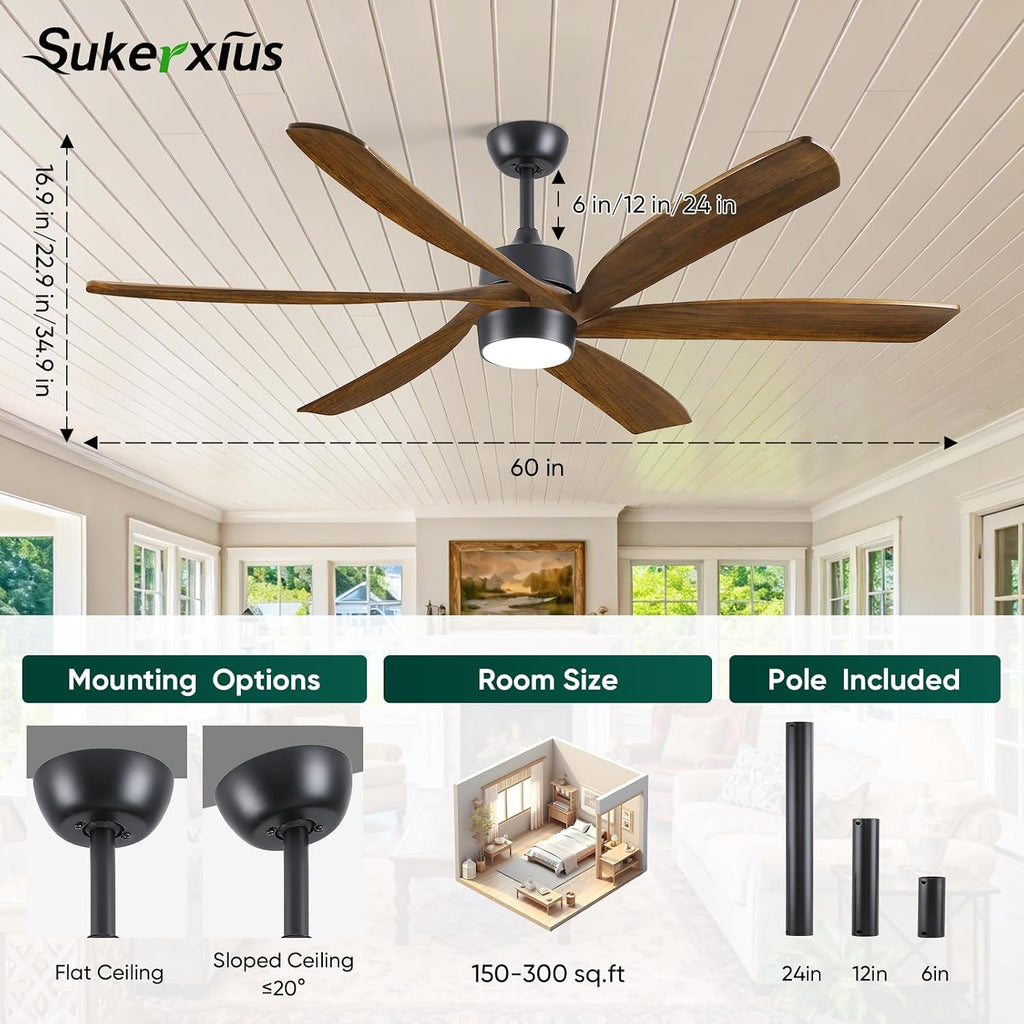 60 Inch Outdoor Ceiling Fan with Light and Remote, Damp Rated for Patio Porch, 6 Brown Solid Wood Blades, High CFM Quiet DC Motor, Modern Farmhouse Style for Indoor Living Room Bedroom Exterior Garage